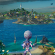 An alien stands on a cliff and looks out over a cartoon-ish take on the San Francisco Bay.